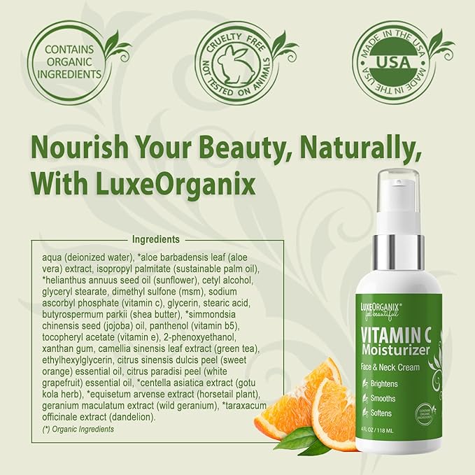 Organic Vitamin C Face Moisturizer with Anti-Aging, Brightening, and Wrinkle-Smoothing Properties.