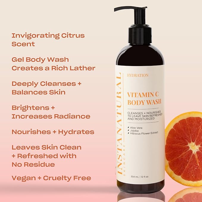 InstaNatural Vitamin C Body Wash, Moisturizing Shower Gel Cleanser for Women & Men, Deeply Cleanses & Balances, Brightens, Tones & Tightens, with Aloe Vera & Jojoba Oil, 12 Fl Oz