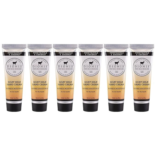Dionis - Goat Milk Skincare Scented Hand Cream (1 oz) Set of 6, Moisturizing Lotion for Dry Skin, Good for Sensitive Skin, Cruelty-free and Paraben-free (Honeysuckle & Coconut)