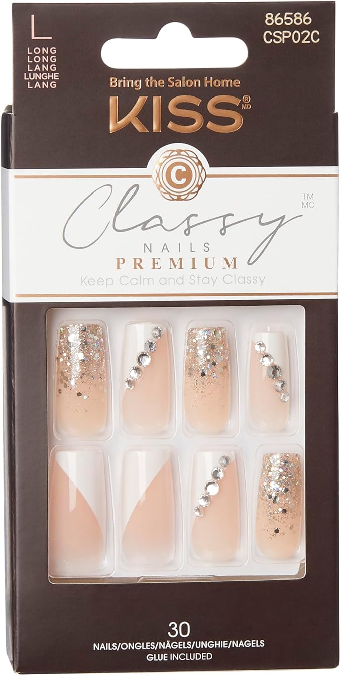 KISS Premium Classy Fake Nails French Manicure Set with Jeweled Rhinestone Nail Art Accents, Gorgeous', 30 Glue-On Nails 1 Count (Pack of 1)