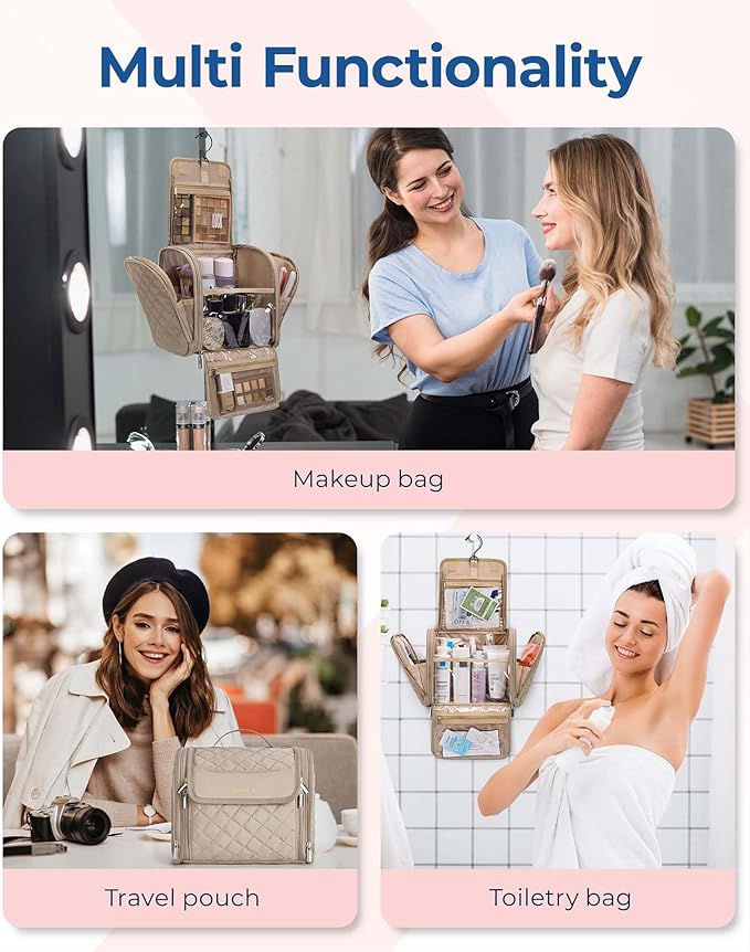 BAGSMART Makeup Bag for Women with Hanging Hook, Large Portable Capacity Water-resistant Organizer Travel Case for Toiletries and Cosmetics, Brown