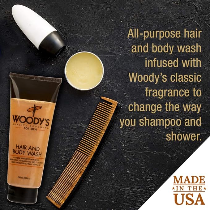 Woody's Hair and Body Wash for Men – 2-in-1 Sulfate-Free Cleanser & Body Wash, Deep Cleansing, Hydrating, Fresh Scent, 10 oz, 2 Pack