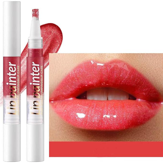 2 in 1 Rose Red Shimmer Lip Gloss Lip Plumper Gloss Tinted Glitter Lipgloss Lipstick Moisturizing High Shine And Vegan Plumping Lip Gloss For Women Girls Long-Lasting Dry Lip Care (10#)