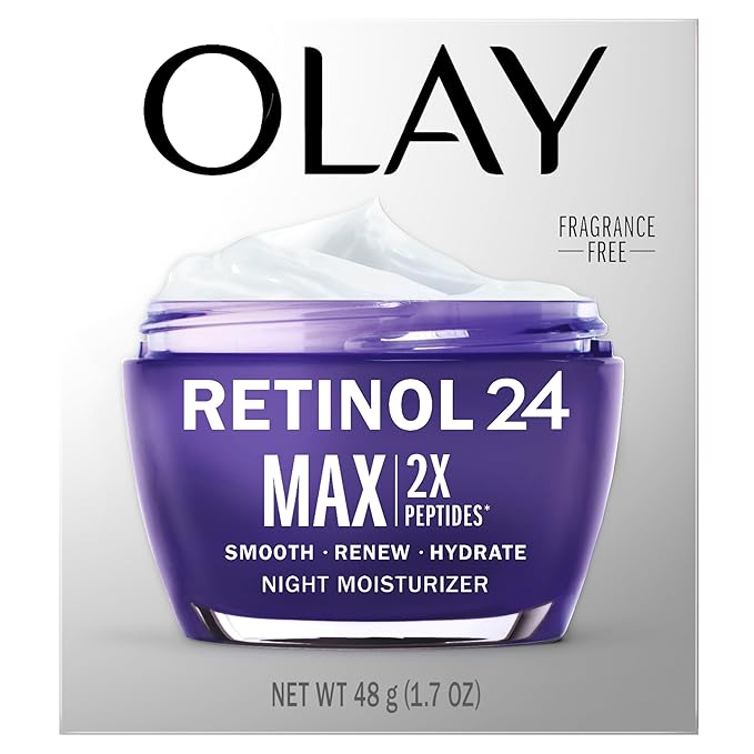 Olay Retinol Face Moisturizer, 24 MAX Anti-Aging Night Cream for Women, Fragrance-Free, Non Greasy - Anti-Wrinkle, Smooth Fine Lines, Tightening, Hydrating Skin Care - Peptides, Glycerin, 1.7 Oz