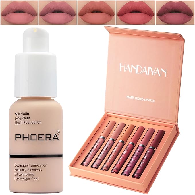 PHOERA Foundation,6Pcs Matte Liquid Lipstick Makeup