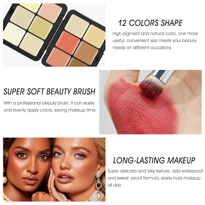 12 Colors Cream [Blush Contour Concealer Highlighter] Makeup Palette for Cheeks - All in One Makeup Palette Kit with Brush, Long Wearing Waterproof Blendable Face Make Up Pallete (#04)