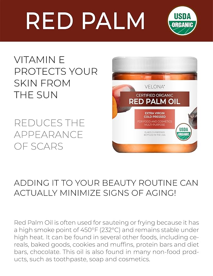 velona USDA Certified Organic Red Palm Oil 8 Fl Oz | Food and Cosmetic Grade | in jar | Extra Virgin, Cold Pressed | Skin, Face, Body, Hair Care | Use Today - Enjoy Result