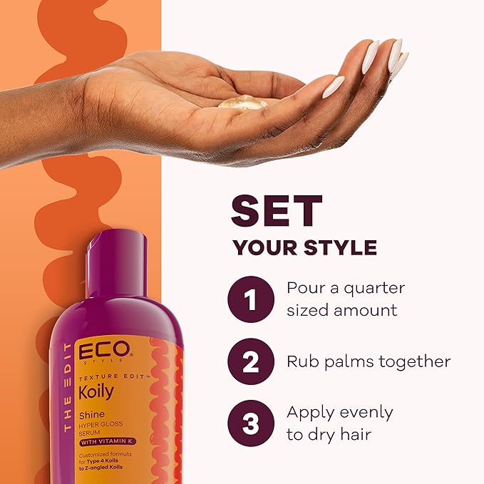 Eco Style, Texture Edit, Koily Shine Hyper Gloss Serum for Type 4 curly hair - A nourishing, sulfate-free rich oil that provides a natural glow and frizz control for kinky curly hair. 6 oz