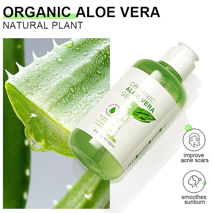 Organic Aloe Vera Gel, Aloe Vera Gel for Face, Body and Hair, Deeply Hydrating, Nourishing After Sun Skin Care, Aloe Vera Soothing Gel Cooling Cooling, Calming and Soothing 6.76 Fl Oz