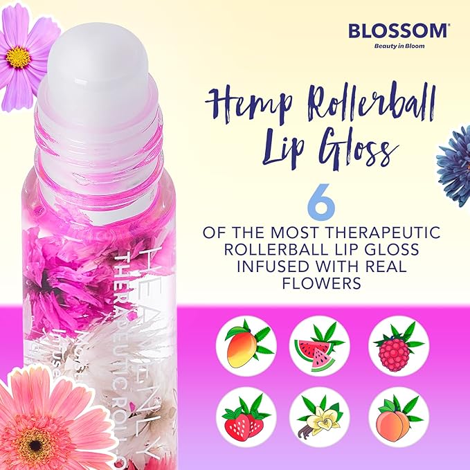 Blossom Roll on Lip Gloss, Scented Clear High Shine Moisturizing Lip Oil, Non Sticky, Infused with Real Flowers, Made in USA, 0.2oz, Watermelon Hemp