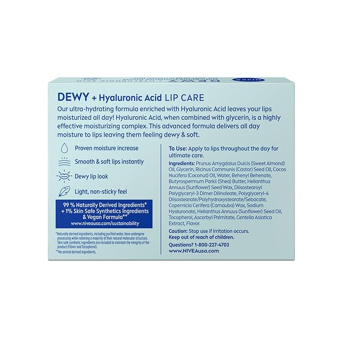 NIVEA Dewy Lip Balm with Hyaluronic Acid, Skin Care Gifts for Mom, Leaves Visibly Less Noticeable Lip Lines and No Waxy Feel, 0.18 Oz, Pack of 4