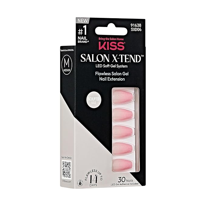 KISS Salon X-tend, Press-On Nails, Nail glue included, 'Detox', Medium Pink, Medium Size, Coffin Shape, Includes 30 Nails, 5Ml Led Soft Gel Adhesive, 1 Manicure Stick, 1 New Mini File, New Prep Pad