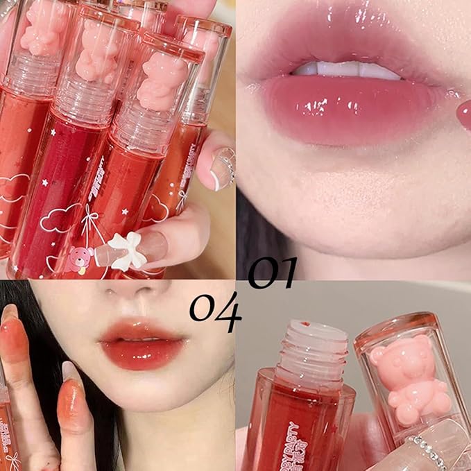 4Pcs Bear Lip Glaze Hydrating Jelly Lip Gloss,Jelly Liquid Lipstick Cute Bear Lipgloss Moisturizing Lip Stain Plumping Water Lip Gloss Waterproof Long Lasting Cheek Rouge Tint Makeup (4, A)