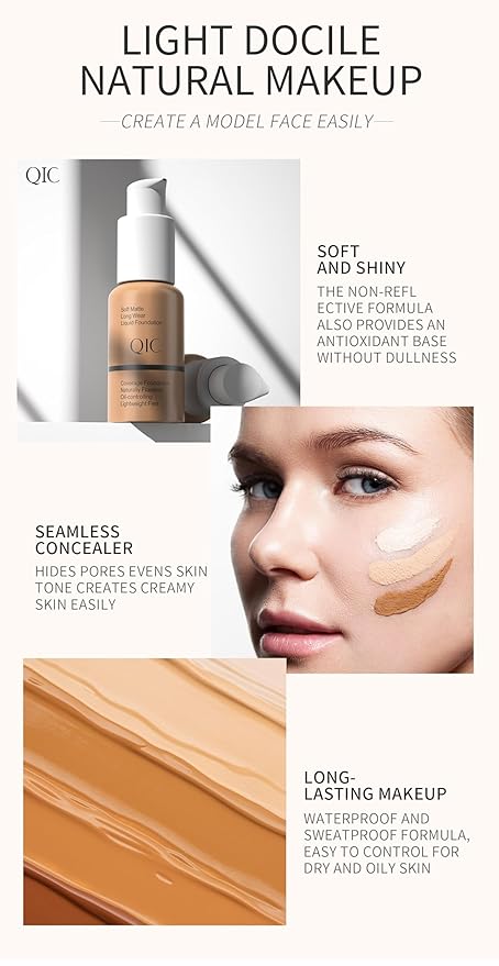QIC Waterproof Matte Concealer BB Liquid Foundation Cream 105# Sand 30ml