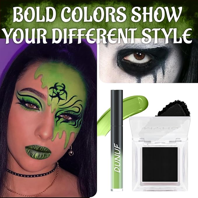 Green Matte Liquid Lipstick Set with Black Eyeshadow Powder, Halloween Goth Lip Gloss Waterproof Longlasting DIY Cute Unique Makeup Lip Stain for Rave Festival Accessories Cosplay Party
