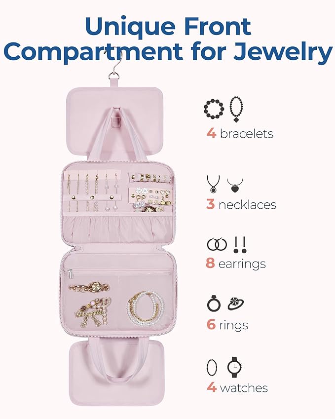 BAGSMART Travel Toiletry Bag with Jewelry Organizer, Hanging Travel Bag for Toiletries, Puffy Makeup Cosmetic Bag Organizer, Carry-on Travel Accessories Essentials, Pink-L