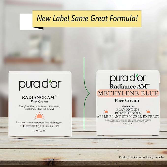 PURA D'OR 1.7 Oz Radiant Glow AM Face Cream - Methylene Blue, Polyphenols, Flavonoids, Apple Stem Cell Extract - Aloe Vera Base Anti-Aging Morning Moisturizer - Daily Facial Treatment For Women & Men