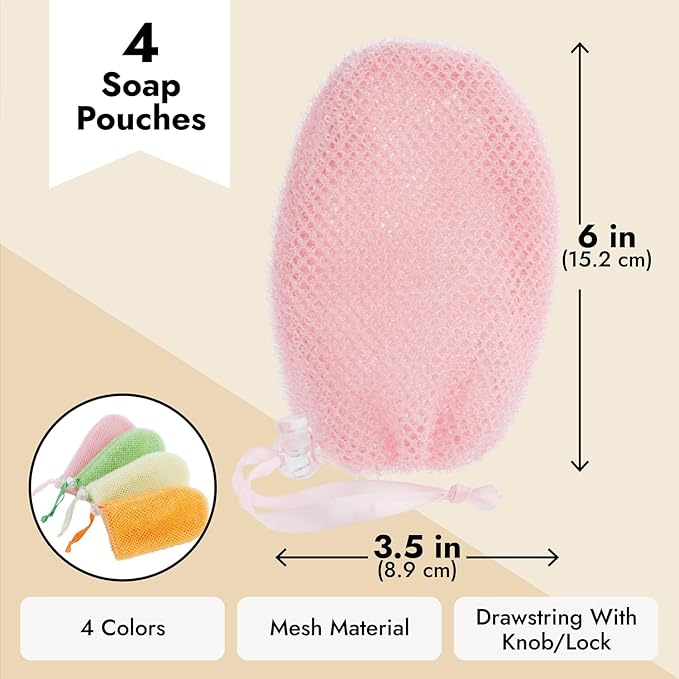 Juvale Soap Savers for Bar Soap with Drawstring Closure, Mesh Pouch for Exfoliating (4 Colors, 3.5 x 6 Inch) 4 Pack