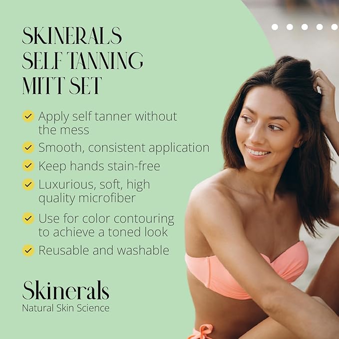 Skinerals Self Tanner Mitt Set, Ultra Soft Double-Sided Application Tanner, Exfoliating Glove and Face Mitt for the Most Even Tan, Tanning Mitt Applicator for Back and Body, Washable, 3 ct