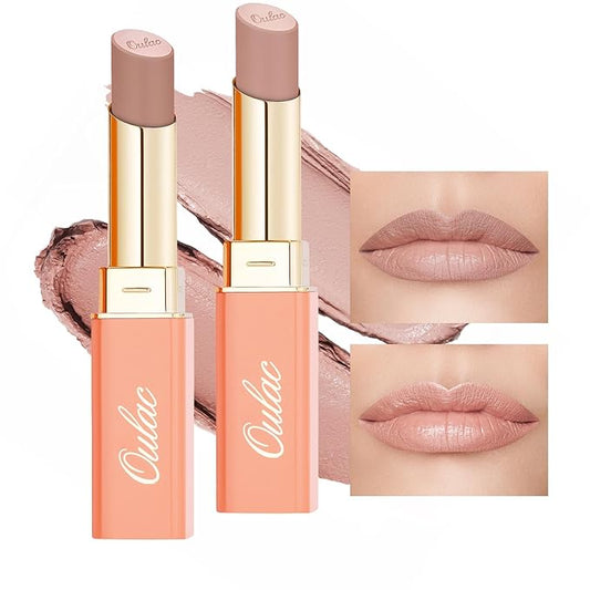 Oulac Beige Nude Satin Lipstick Set - Matte Lip Base, Full Coverage Lip Color, Satin Matte Finish, Cream Texture, Hydrating, Infused with Hyaluronic Acid, 4g*2 SG01+SG02