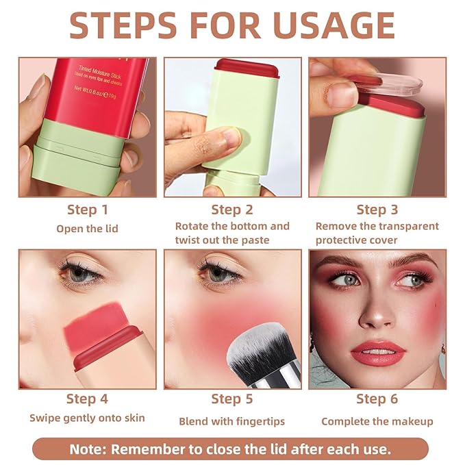 Cream Blush Stick for Cheeks, Multi-Use Makeup Blush Brush-Hot Red
