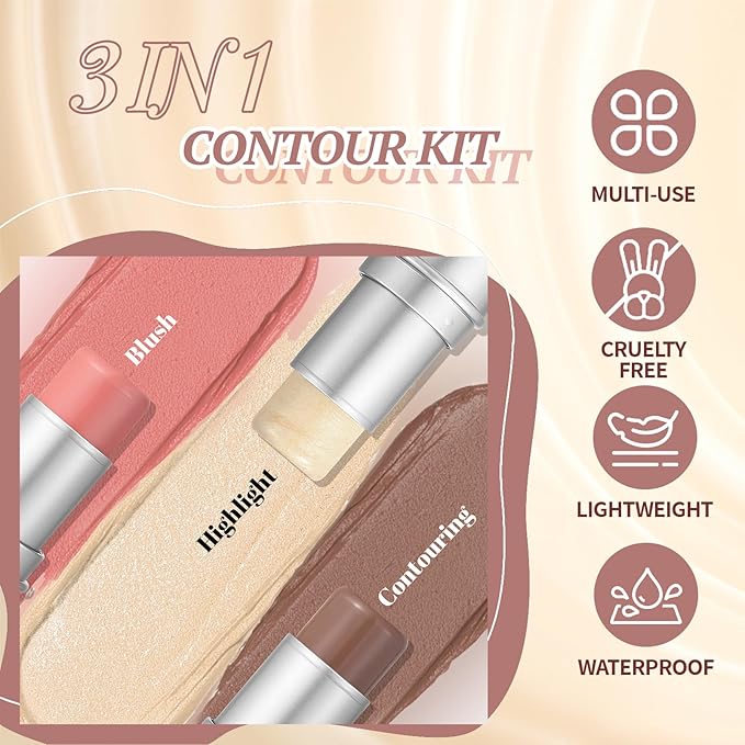 3 Pcs Cream Waterproof Blush Contour Highlighter Stick Finishing Makeup