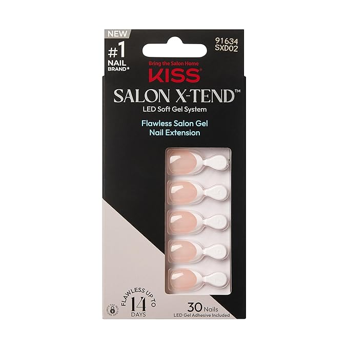 KISS Salon X-tend, Press-On Nails, Nail glue included, 'Nonsense', Light White, Short Size, Almond Shape, Includes 30 Nails, 5Ml Led Soft Gel Adhesive, 1 Manicure Stick, 1 New Mini File, New Prep Pad