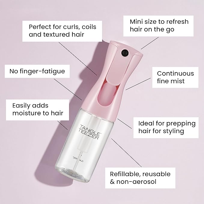 TANGLE TEEZER Travel-Size Fine Mist Continuous Spray Bottle, Reusable and Refillable, for Hair Detangling and Styling, 6.1 oz, Millennial Pink