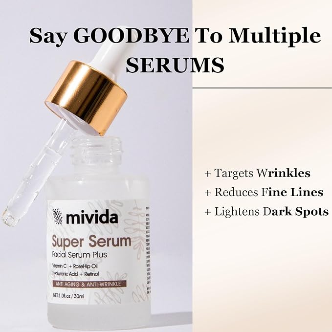 mivida Anti-Aging Super Serum with Retinol, Hyaluronic-Acid, Rosehip Oil, Vitamin C | All-In-One Face Serum For Wrinkles, Fine Lines, Dark Spot | 1oz
