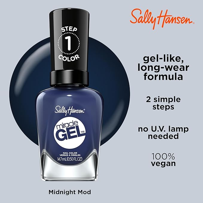 Sally Hansen Miracle Gel, Midnight Mod, Long Lasting, Gel-Like Formula, No UV Lamp Needed, Semi Opaque, Shiny Blue Nail Polish