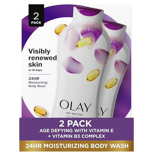Olay Body Wash for Women, Age Defying with Vitamin E, 24hr Moisturizing, Hydrating & Refreshing, B3 Vitamin Complex, Free of Parabens & Phthalates, For All Skin Types, Scented, 22 fl oz (Pack of 2)