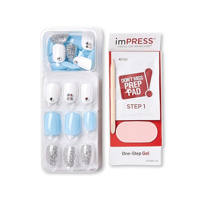 KISS imPRESS No Glue Mani Press On Nails, Design, 'I'd Rather Be', Multicolor, Short Size, Squoval Shape, Includes 30 Nails, Prep Pad, Instructions Sheet, 1 Manicure Stick, 1 Mini File
