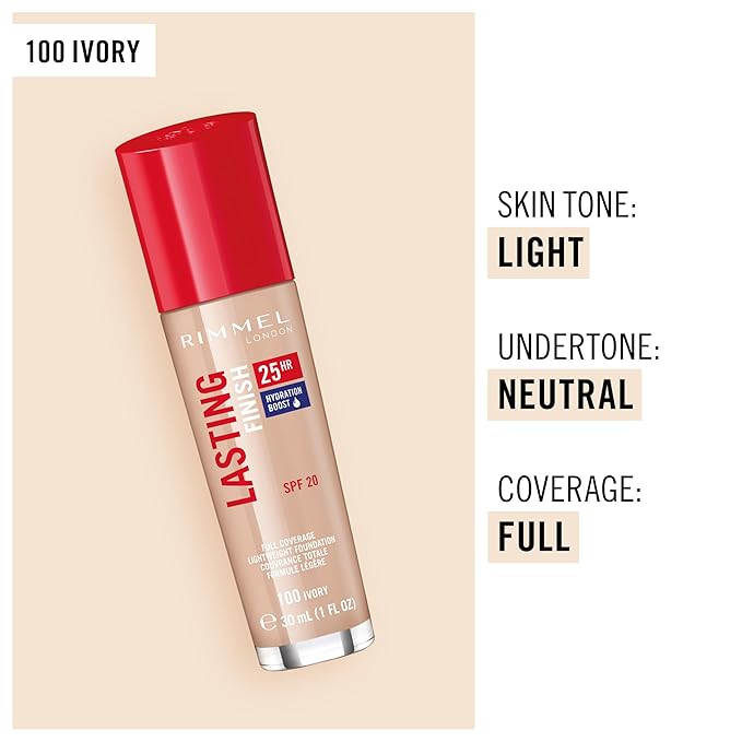 Rimmel London Lasting Finish 25HR - 100 Ivory Coverage, Waterproof, 1oz