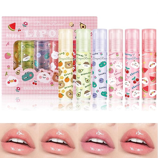 Lip Gloss Clear Jelly Lipstick Set, 6Pcs Roll On Lip Gloss Long Lasting Moisturizing Lip Balm Lip Glow Oil Nutritious Balm Lip Makeup for Women Girls