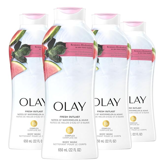 Olay Body Wash for Women, Fresh Radiance, Refreshing & Renewing, Made with Plant Based Cleansers, B3 Botanical Complex, For All Skin Types, Watermelon & Agave Scent, 22 fl oz (Pack of 4)