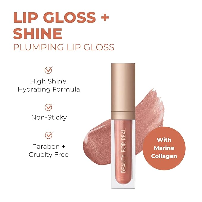 Beauty For Real Lip Gloss + Shine, Plumping High Shine Hydrating Gloss, Turned On, Sheer Lip Bite Nude, Light + Mirror, Cruelty Free, 0.15 fl oz