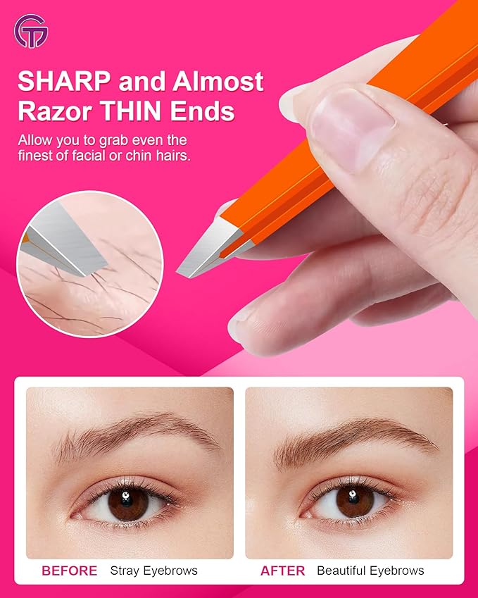 Expert Eyebrow Hair Removal Tweezer with Leather Case, GlamTweeler High Precision Slant Tip Stainless Steel Tweezers for Men and Women (Orange)