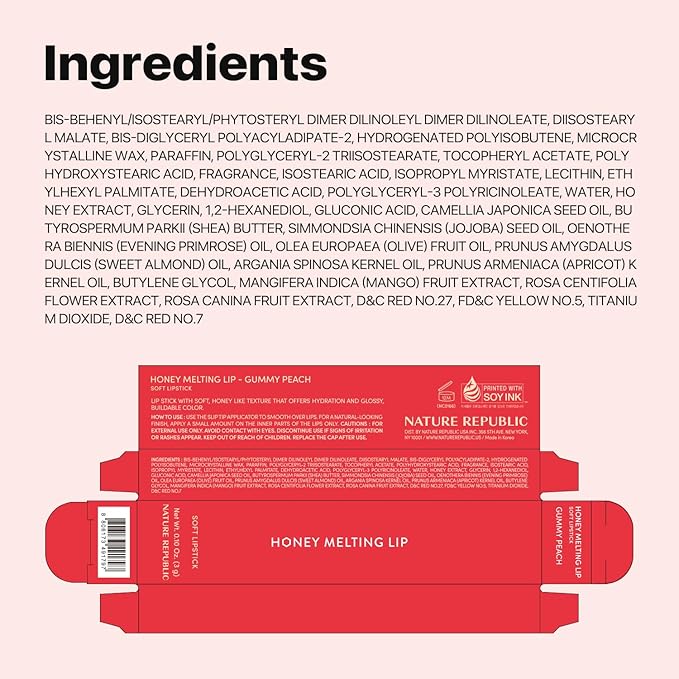 Nature Republic HONEY MELTING LIP (10 PEACH) SOFT LIP STICK, Hydrating Gloss, Moisturizing balms, Sheer tint, Shine & Glowy Finish, korean make up