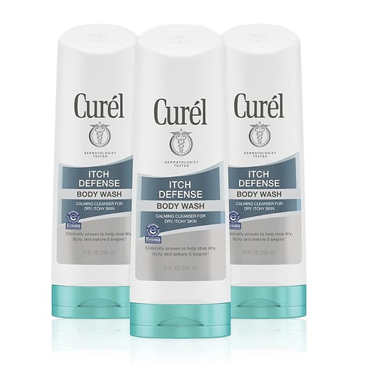 Curel Itch Defense Calming Daily Cleanser, Body Wash, Soap-free Formula, for Dry, Itchy Skin, with Hydrating Jojoba and Olive Oil, 10 Oz, Pack of 3