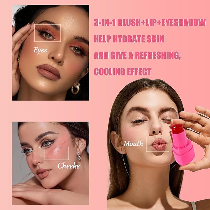 Water Jelly Tint Blush, 3-In-1 Multi-Use Blush Cream Blush Stick for Eyes, Cheeks & Lips, Hydrating & Bouncy Jelly Texture, Blends Perfect for Skin Portable Multipurpose Long Lasting Waterproof(04, s)