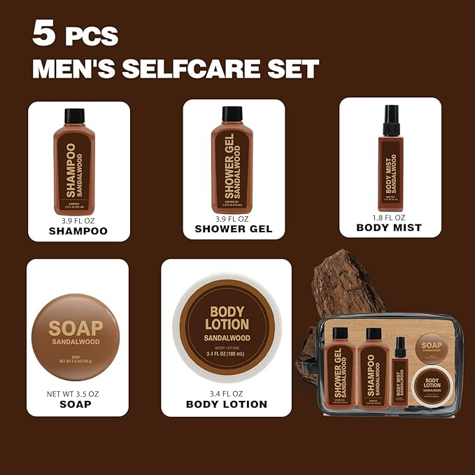 Gift Sets for Men Bath and Body Mens Gifts 6pcs Sandalwood Travel Size sets with Shampoo, Shower Gel, Soap, Body Lotion, Birthday Gifts for Men, Self Care Fathers Day Gifts