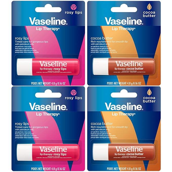 Vaseline Lip Therapy Variety 4-Pack – Rosy Lips + Cocoa Butter Moisturizing Lip Balm with Vitamin E, 0.16 Oz Ea