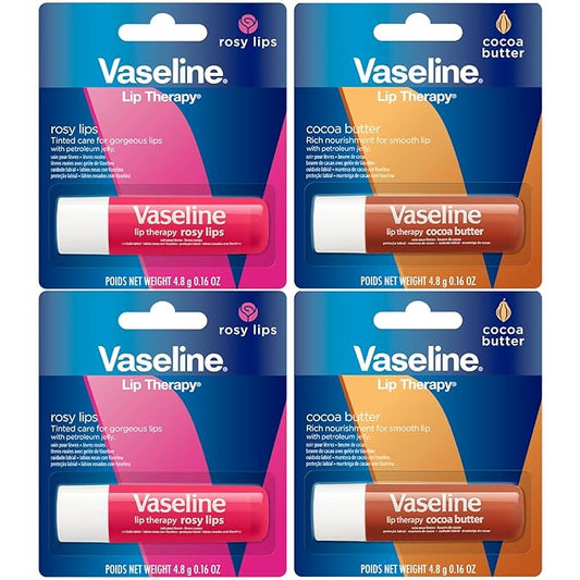 Vaseline Lip Therapy Variety 4-Pack – Rosy Lips + Cocoa Butter Moisturizing Lip Balm with Vitamin E, 0.16 Oz Ea