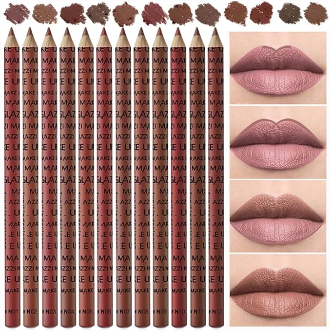 12 Pcs Natural Nude Brown Beige Colors Lip Liner Lipstick Pencils Set for Daily Makeup,Easy to Apply & Remove,Waterproof (B)