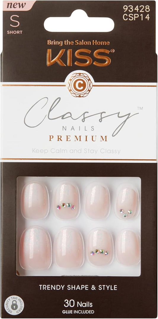 KISS Classy, Press-On Nails, Nail glue included, 'On Stage', Off white, Short Size, Oval Shape, Includes 30 Nails, 2g Glue, 1 Manicure Stick, 1 Mini file