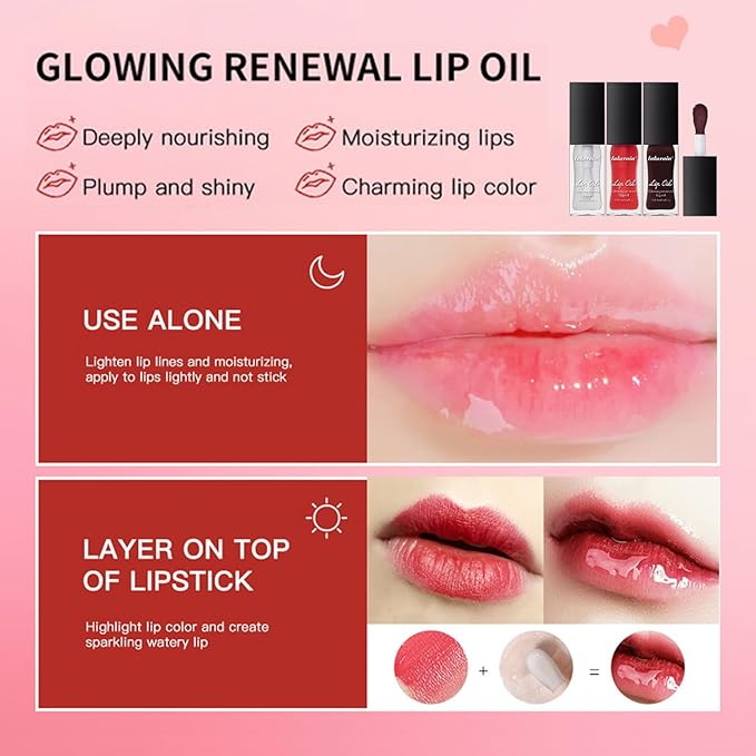 3 Colors Glow Lip Oil Tinted, Nourishing Tinted Lip Glow Oil For A High-shine Finish, Moisturizing Fat Oil for Dry Lip, Shiny and Vegan Tinted Lip Oil (Clear+Jam+Pink)