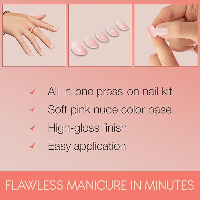 Ardell Nail Addict Naked Innocent, Press On Nails, Short Round Shape, Nail Kit, 1-Pack