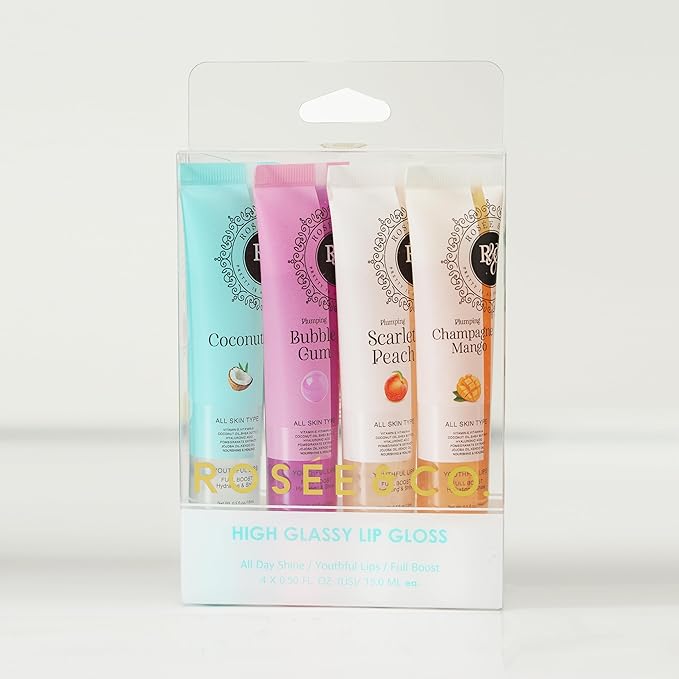 ROSÉE & CO Rosee Lip Gloss Vegan & Cruelty Free Treatment, Professional Make up, Long Lasting Glossy with Shea Butter, Moisturize, Protect & Smooth, High Shine, Non-Sticky (u. Set of 4-2, 0.5)