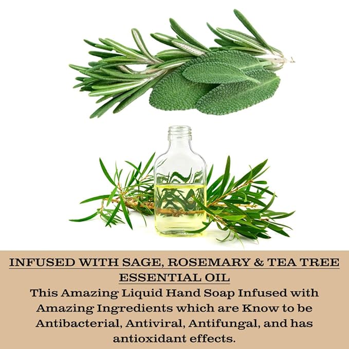 Olivia Care Antibacterial Hand Soap - Infused with Sage & Tea Tree Oil & Lemon Verbena Fragrance, Cleansing, Germ-Fighting, Moisturizing Hand Wash for Kitchen & Bathroom -18.5 fl oz