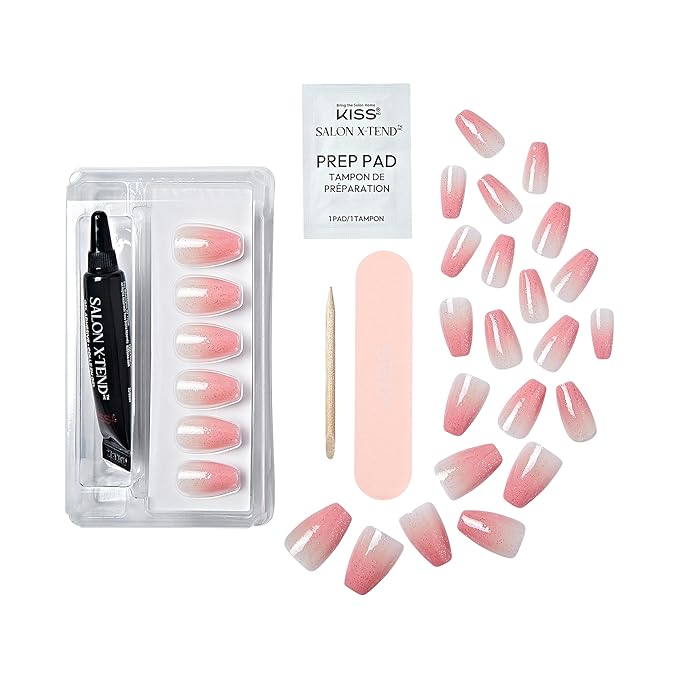 KISS Salon X-tend, Press-On Nails, Nail glue included, 'Detox', Medium Pink, Medium Size, Coffin Shape, Includes 30 Nails, 5Ml Led Soft Gel Adhesive, 1 Manicure Stick, 1 New Mini File, New Prep Pad